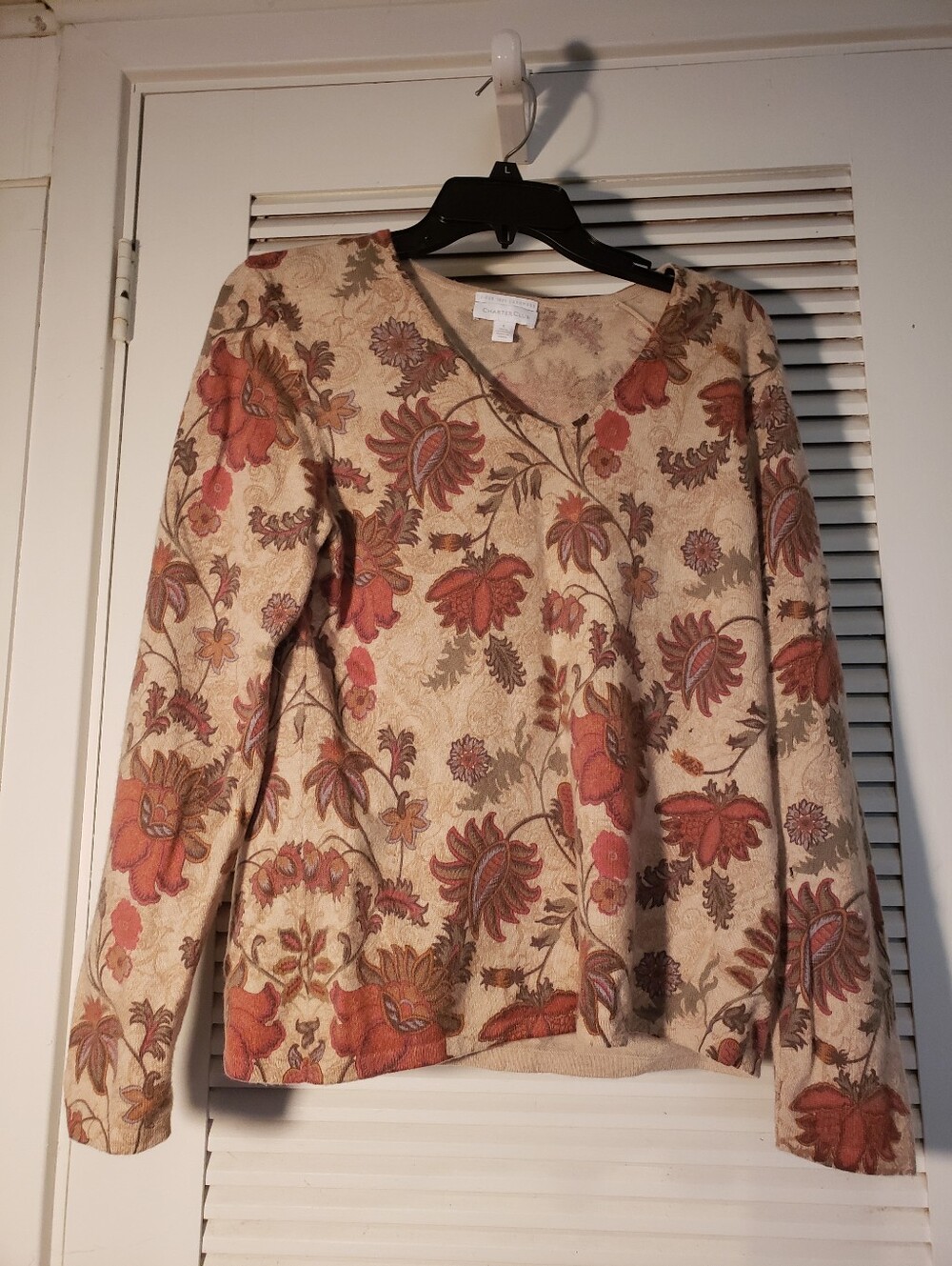 Charter Club Floral V-Neck Sweater in Beige and Rust
